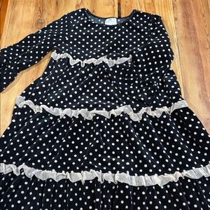 HANNA ANDERSSON 140 Black Velour Polka Dot Tulle Trim Bell Sleeve